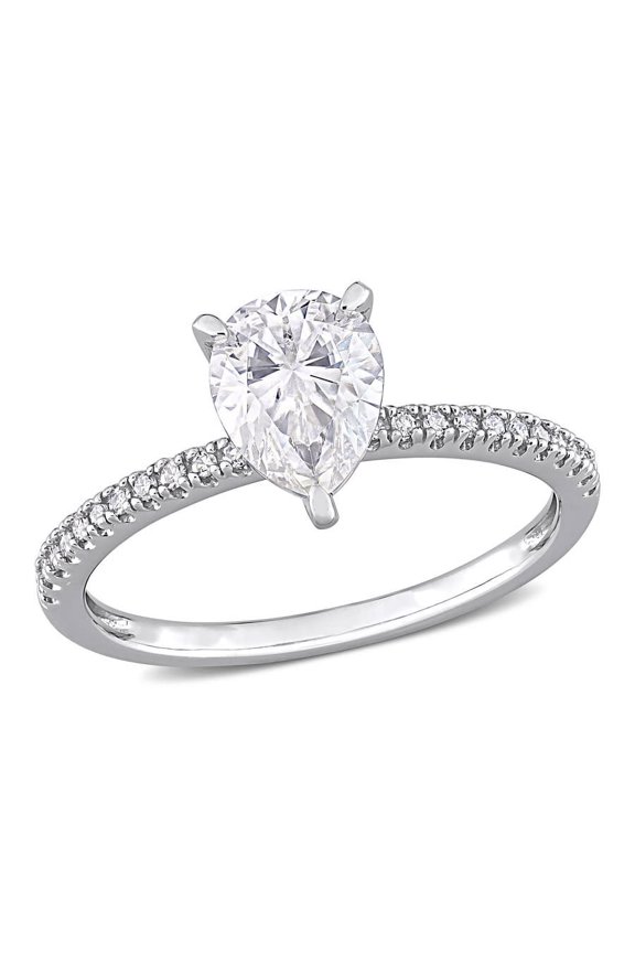 1 1/4 CT DEW Pear Shape Created Moissanite and 1/10 CT TW Diamond Engagement Ring In 14K White Gold