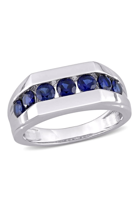 1 1/4 CT TGW Created Blue Sapphire Channel Set Men's Ring In Sterling Silver