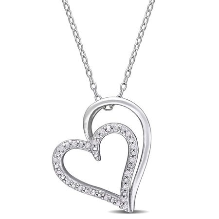 AMOUR 1/10 CT TDW Diamond Double Heart Pendant with Chain In Sterling Silver