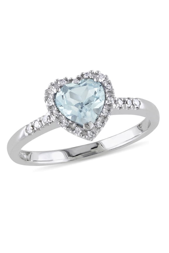 1/10 CT TW Diamond and Aquamarine Heart Halo Ring In Sterling Silver