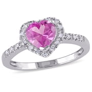 AMOUR 1/10 CT TW Diamond and Created Pink Sapphire Heart Halo Ring In Sterling Silver
