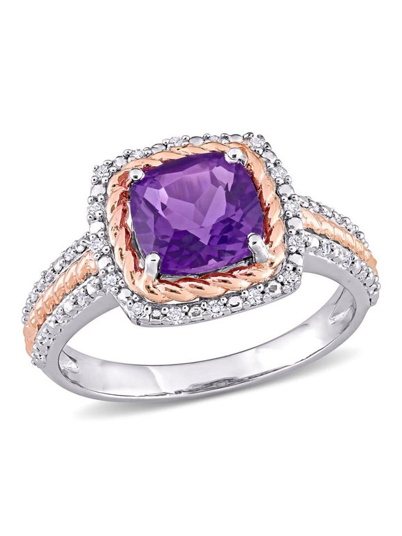 1 2/5 CT TGW Cushion Amethyst and 1/6 CT TDW Diamond Halo Ring In White and Rose Plated Sterling Silver