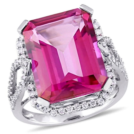 AMOUR 1/2 CT TW Diamond and 14 1/2 CT TGW Pink Topaz Octagon Ring In 14K White Gold