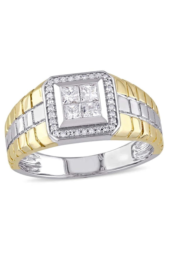 1/2 CT TW Princess Cut Quad and Round Diamond Men's Ring In 2-Tone Yellow and White 10K Gold