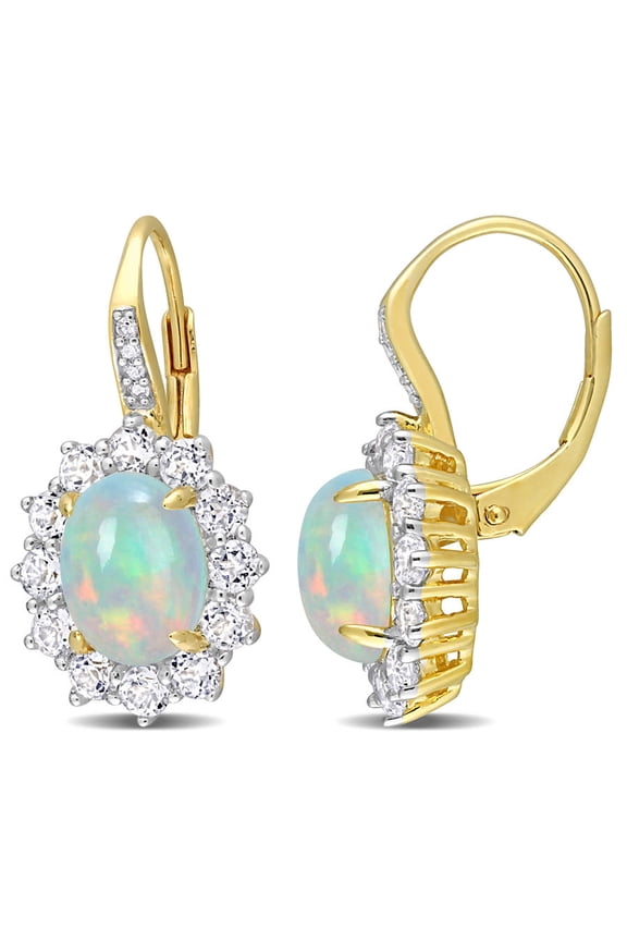 1 3/4 CT TGW Oval Shape Blue Ethiopian Opal and White Topaz and Diamond Accent Halo Leverback Earrings In Yellow