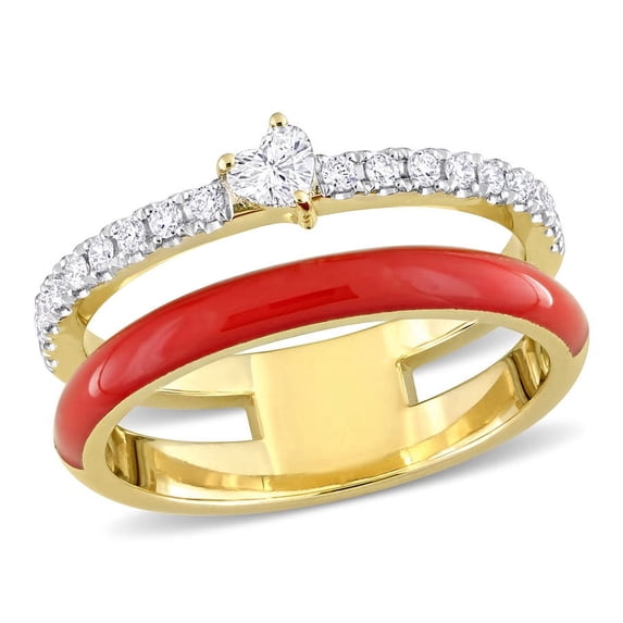 AMOUR 1/3CT TDW Heart and Round-shaped Diamonds Red Enamel Double Row Ring In 14K Yellow Gold