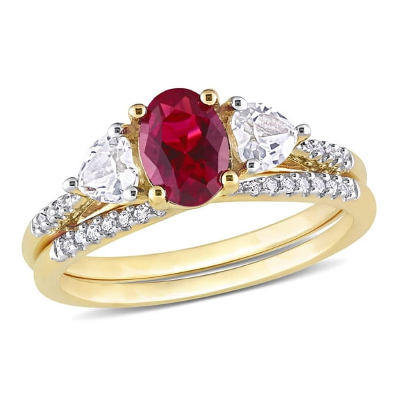 AMOUR 1 4/5 CT TGW Created Ruby Created White Sapphire and 1/10 CT TDW Diamond Bridal Ring Set Ring In 10K Yellow Gold