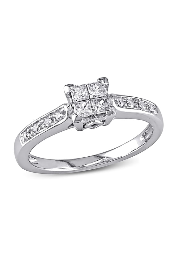 1/4 CT TW Princess Cut Quad and Round Diamond Engagement Ring In 10K White Gold