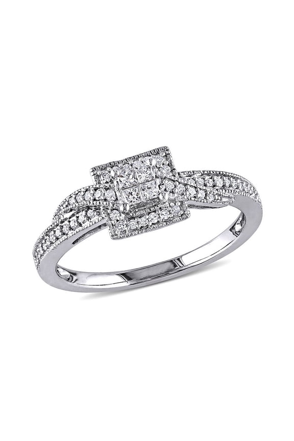 1/4 CT TW Princess Cut Quad and Round Diamond Halo Crossover Engagement Ring In 10K White Gold