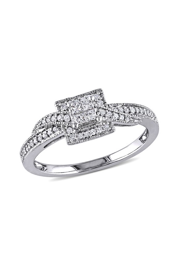 1/4 CT TW Princess Cut Quad and Round Diamond Halo Crossover Engagement Ring In 10K White Gold