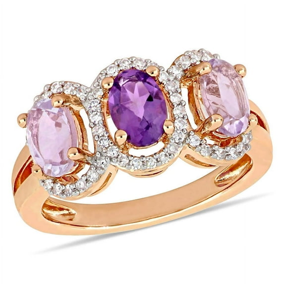 AMOUR 1 5/8 CT TGW Oval-cut African-amethyst & Rose De France and 1/5 CT TW Diamond 3-sTone Halo Ring In Rose Plated