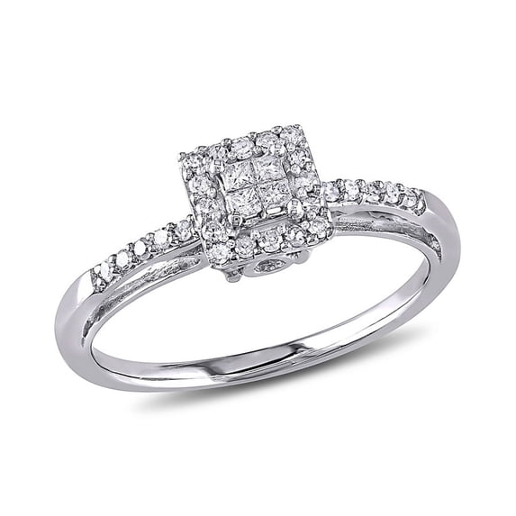 AMOUR 1/5 CT TW Princess Cut Quad and Round Diamond Halo Engagement Ring In 10K White Gold