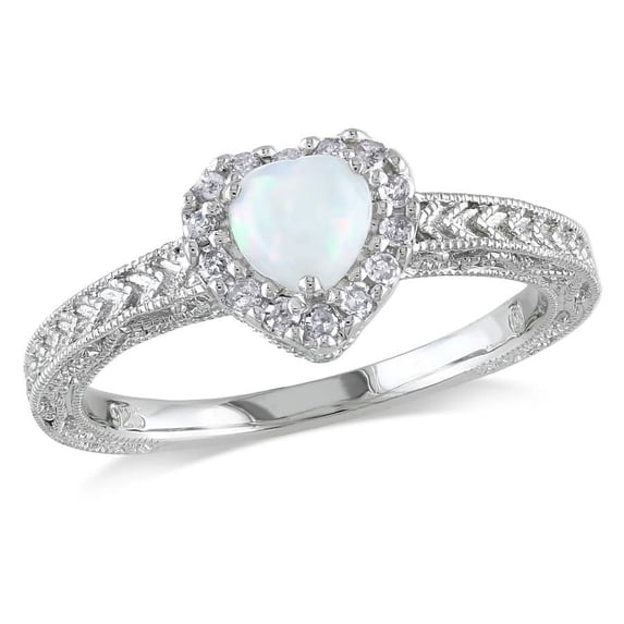 AMOUR 1/7 CT TW Diamond and Opal Heart Halo Ring In Sterling Silver