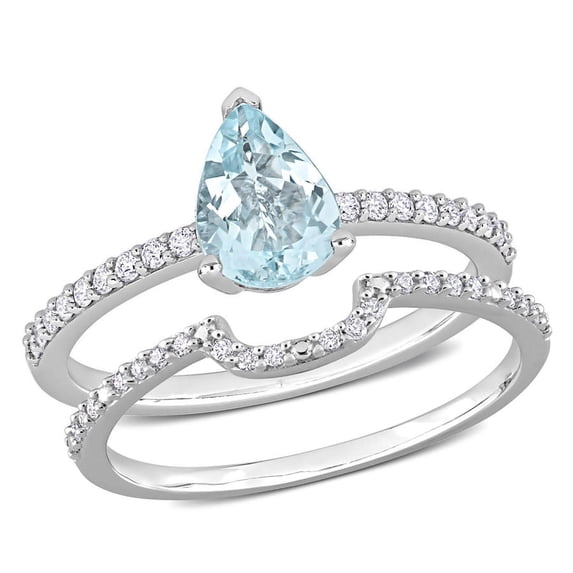 AMOUR 1 CT TGW Pear Aquamarine and 1/4 CT TDW Diamond Bridal Ring Set In 14K White Gold