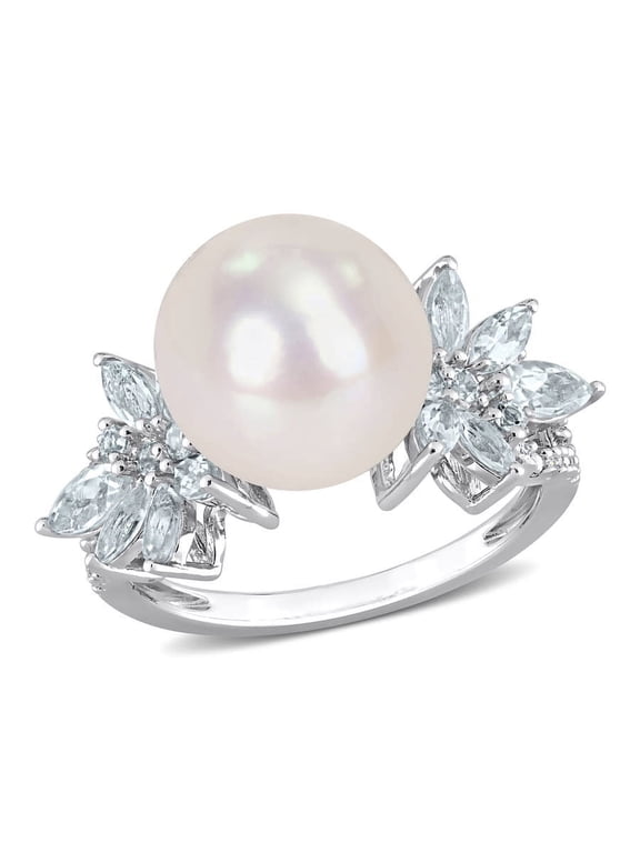 11-12mm Cultured Freshwater Pearl and 1 1/5 CT TGW Aquamarine and 1/10 CT TW Diamond Flower Ring In Sterling