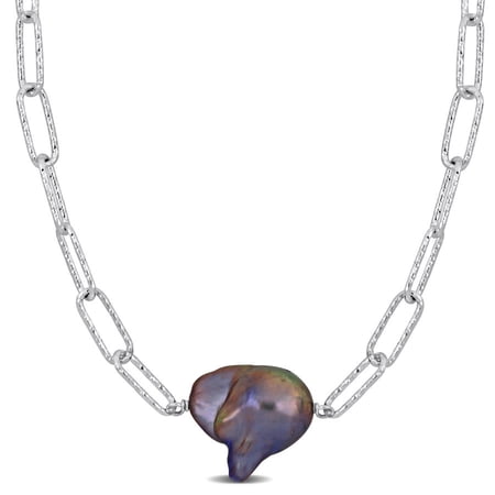AMOUR 13-14mm Grey Cultured Freshwater Baroque Pearl Paperclip Necklace In Sterling Silver