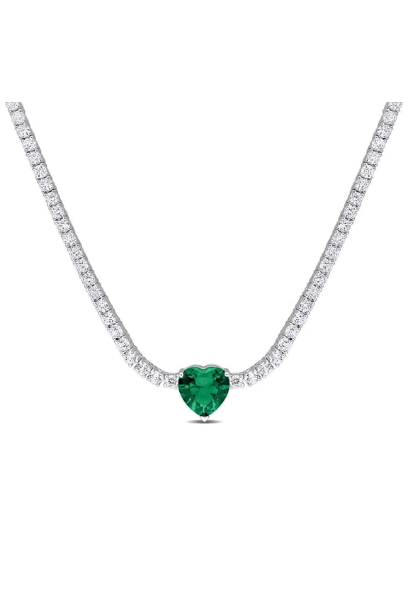 18 CT TGW Heart Shaped Green Cubic Zirconia and Created White Sapphire Tennis Necklace In Sterling Silver