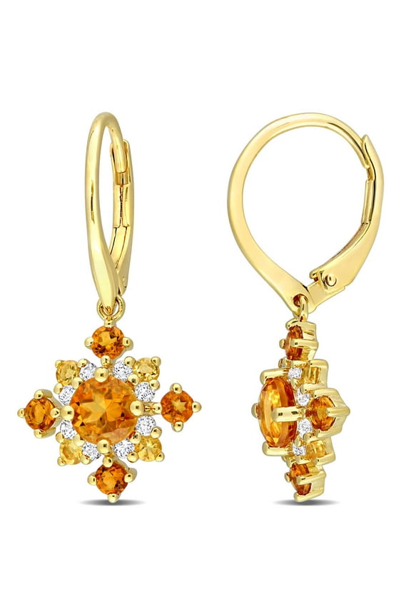 2 1/10 CT TGW Citrine, Madeira Citrine and White Topaz Leverback Cluster Drop Earrings In Yellow Plated Sterling