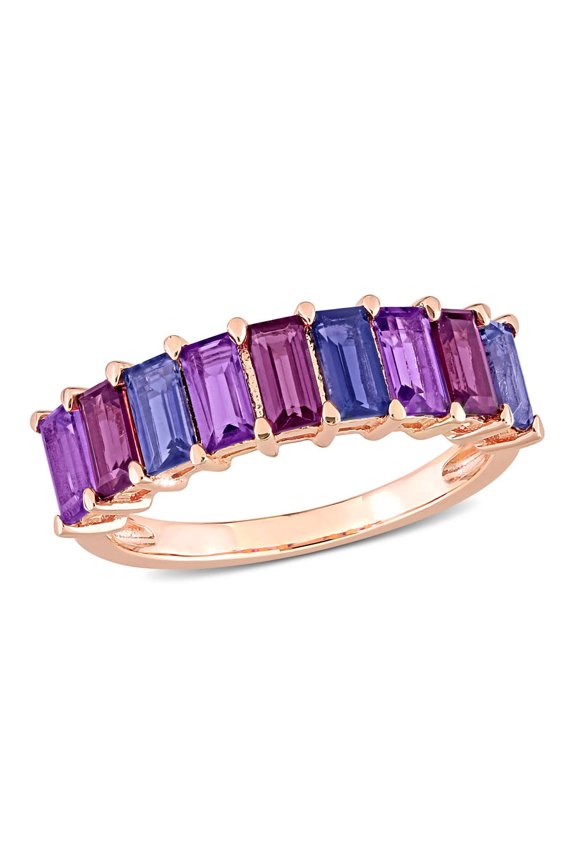 2 1/6 CT TGW Baguette Amethyst-Brazil Rhodolite and Iolite Semi-eternity Ring In Rose Plated Sterling Silver