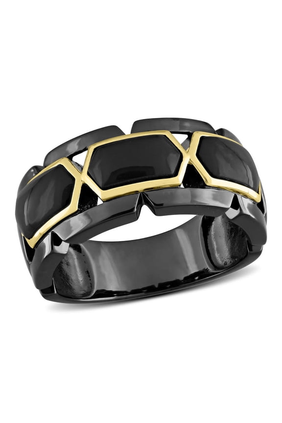 2 3/8 CT TW Black Onyx Station Men's Ring In 2-Tone Sterling Silver with Yellow Gold Plating