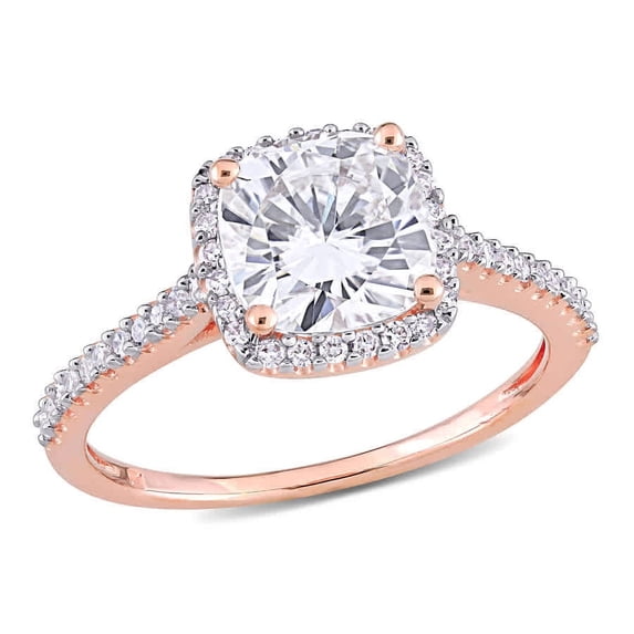 AMOUR 2 CT DEW Created Moissanite Cushion and 1/4 CT TW Diamond Halo Engagement Ring In 14K Rose Gold