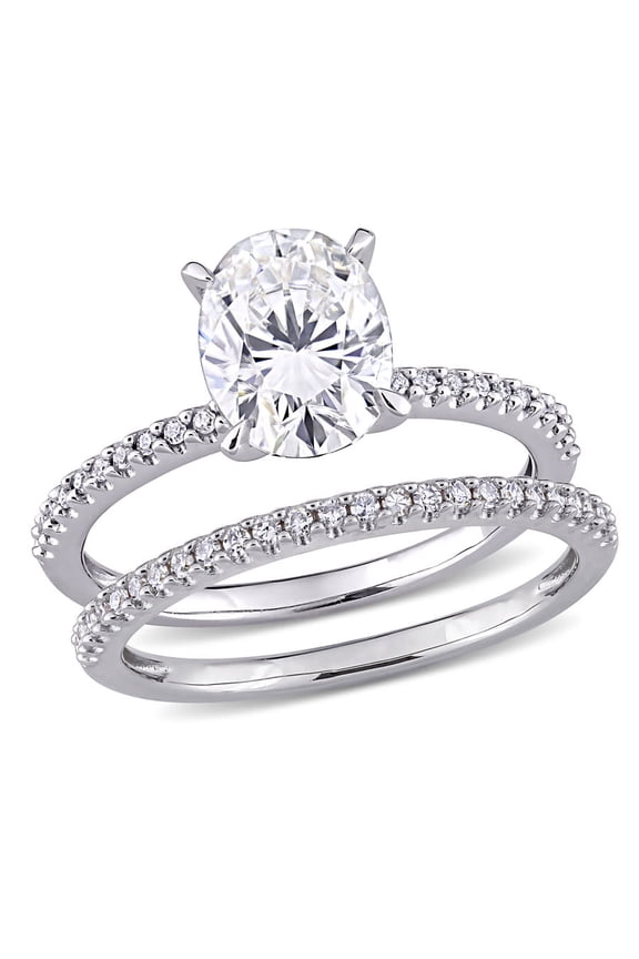 2 CT DEW Oval Created Moissanite and 1/4 CT TW Diamond Bridal Ring Set In 14K White Gold