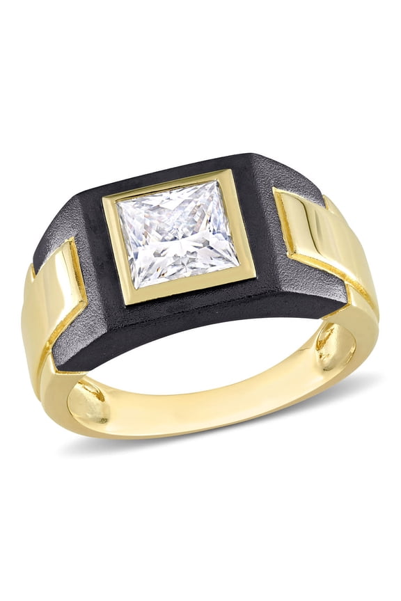 2 CT TW Moissanite Solitaire Men's Ring In 2-Tone Sterling Silver with Yellow Gold & Black Rhodium Plating