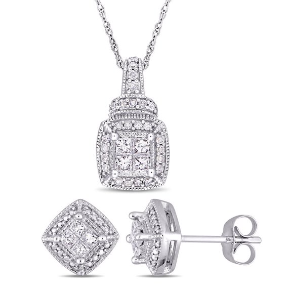 AMOUR 2-piece Set Of 5/8 CT TW Princess and Round Diamond Cluster Stud Earrings and Pendant with Chain In 10K White Gold