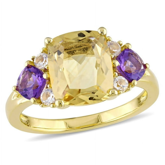 AMOUR 3 1/4 CT TGW Cushion-shape Citrine, Amethyst and White Topaz Ring In Yellow Plated Sterling Silver