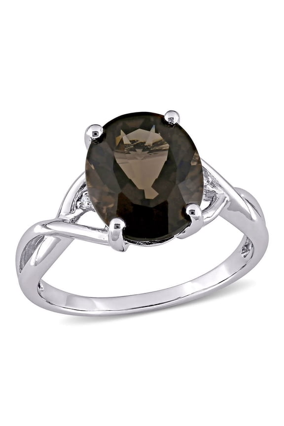 3 3/4 CT TGW Oval Cut Smokey Quartz and Diamond Accent Ring In Sterling Silver