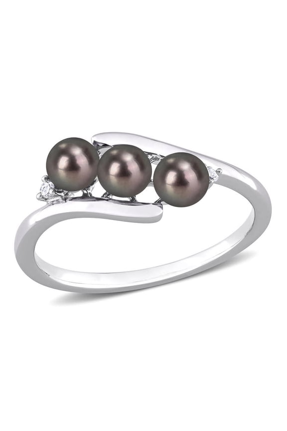 3.5-4mm Black Freshwater Cultured Pearl and Diamond Accent Triple Pearl Bypass Ring In Sterling Silver