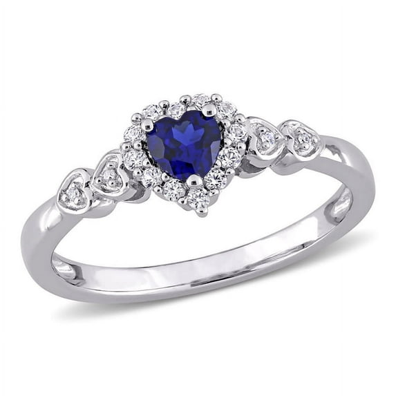AMOUR 3/8 CT TGW Created Blue Sapphire White Sapphire and Diamond Accent Halo Heart Ring In Sterling Silver