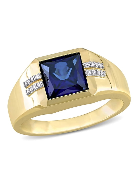 3 CT TGW Square Created Blue Sapphire and Diamond Accent Men's Ring In 10K Yellow Gold