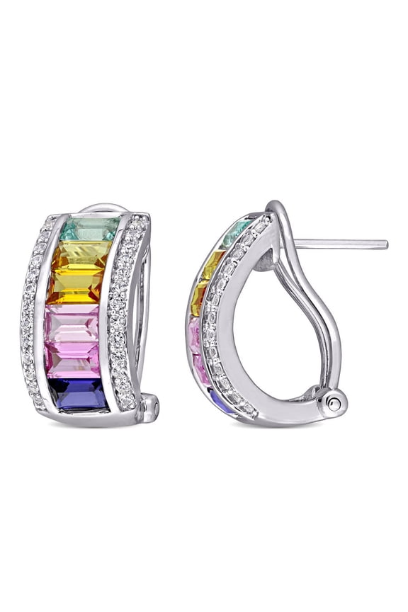 4 1/4 CT TGW Multi-color Created Sapphire Hoop Earrings In Sterling Silver