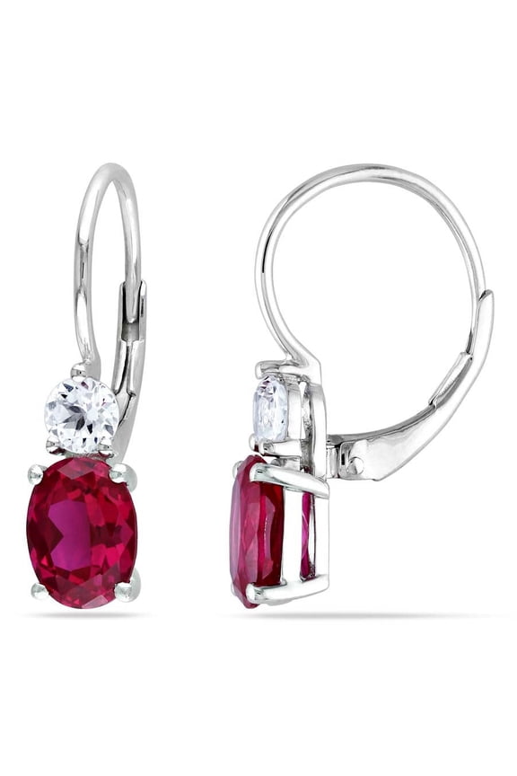 4 5/8 CT TGW Created Ruby and White Sapphire Leverback Earrings In Sterling Silver