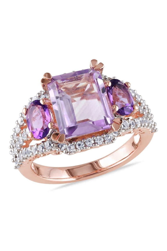 4 5/8 CT TGW Emerald Cut Rose De France, Amethyst and Created White Sapphire 3-sTone Ring In Rose Plated Sterling