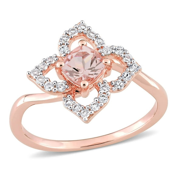 AMOUR 4/5 CT TGW Morganite and White Topaz Floral Ring In Rose Plated Sterling Silver