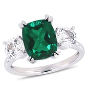 AMOUR 4 CT TGW Cushion-cut Created Emerald and Created White Sapphire Three-stone Ring In 10K White Gold