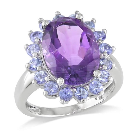 AMOUR 5 7/8 CT TGW Oval Amethyst and Tanzanite Halo Cocktail Ring In Sterling Silver