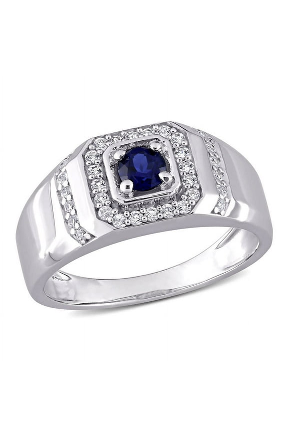 5/8 CT TGW Created Blue Sapphire and Created White Sapphire Men's Ring In Sterling Silver