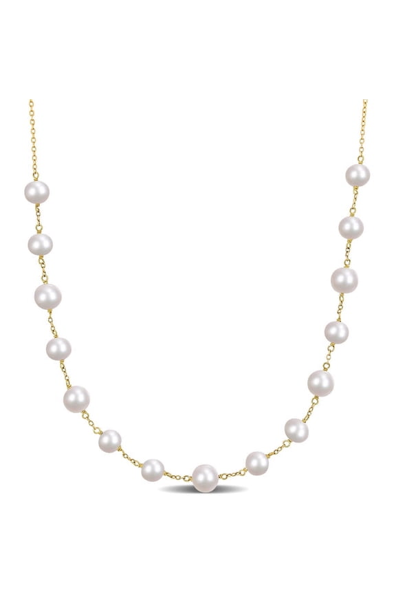 6.5-8.5 Mm Cultured Freshwater Pearl Tin Cup Necklace In 18k Gold Plated Sterling Silver