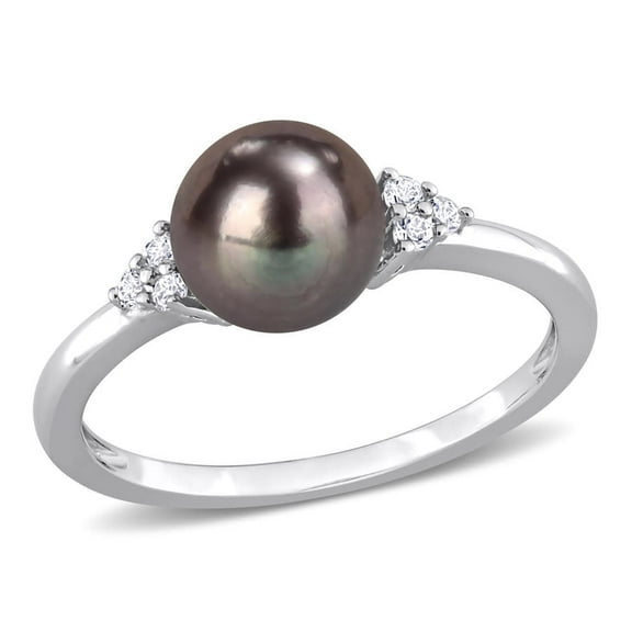 AMOUR 7.5-8mm Black Freshwater Cultured Pearl and 1/5 CT TGW White Topaz Cocktail Ring In Sterling Silver