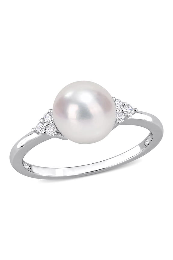 7.5-8mm Freshwater Cultured Pearl and 1/10 CT TGW White Cubic Zirconia Ring In Sterling Silver