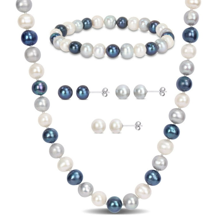AMOUR 7.5 8mm Multi color Freshwater Cultured Pearl 5 piece Set Of Necklace Earrings Bracelet In Sterling Silver