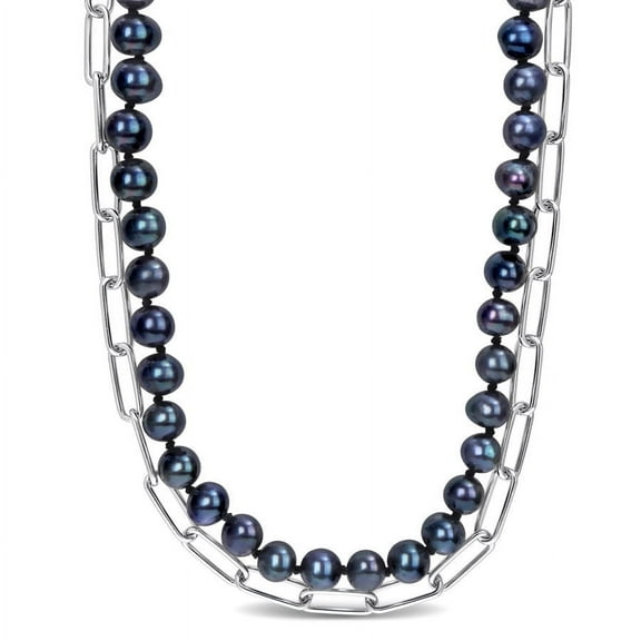 AMOUR 7-7.5mm Black Freshwater Cultured Pearl Double Layered Chain Necklace In Sterling Silver, 18 In