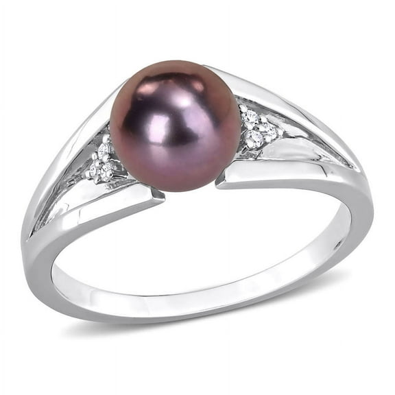 AMOUR 7-7.5mm Black Freshwater Cultured Pearl and Diamond Accent Split Shank Ring In Sterling Silver