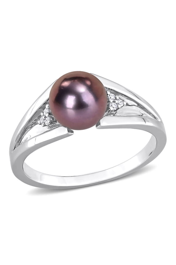 7-7.5mm Black Freshwater Cultured Pearl and Diamond Accent Split Shank Ring In Sterling Silver