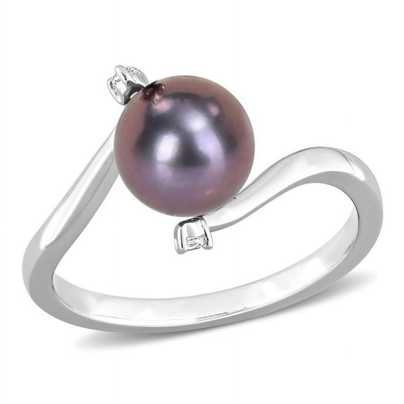 AMOUR 7-7.5mm Black Freshwater Cultured Pearl and White Topaz Bypass Ring In Sterling Silver