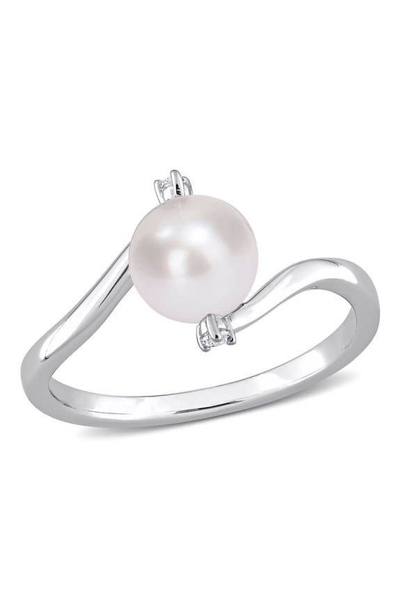 7-7.5mm Freshwater Cultured Pearl and Created White Sapphire Bypass Ring In Sterling Silver