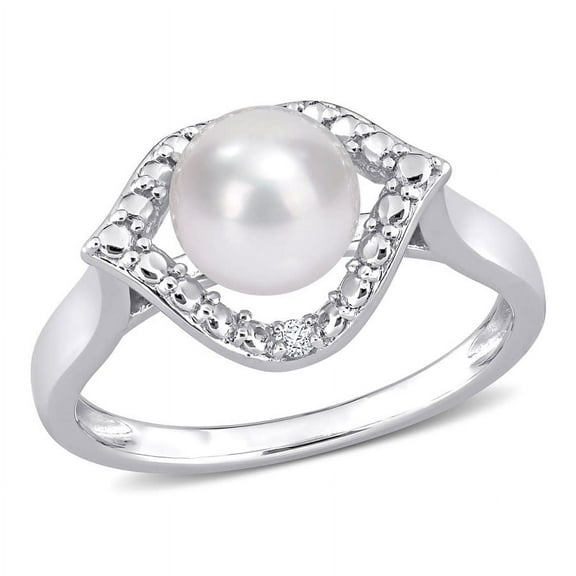 AMOUR 7-7.5mm Freshwater Cultured Pearl and Created White Sapphire Halo Ring In Sterling Silver